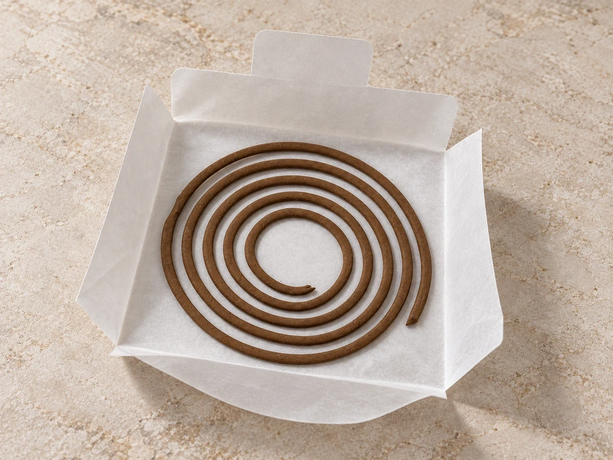 An unlit agarwood coil incense resting in its opened inner wrapping