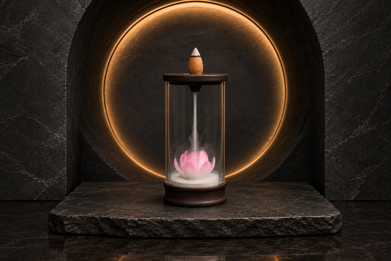 Backflow incense smoke moving downward through a compatible glass lotus burner.