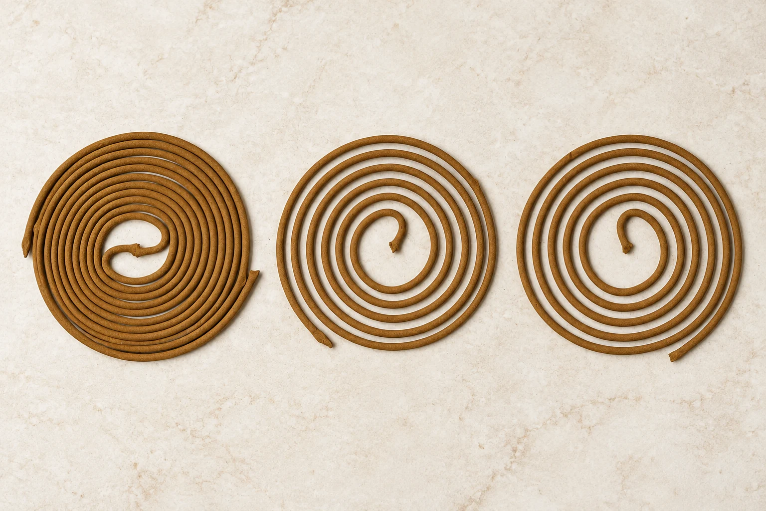 An unseparated pair of MORI TASTE incense coils beside two separated coils.