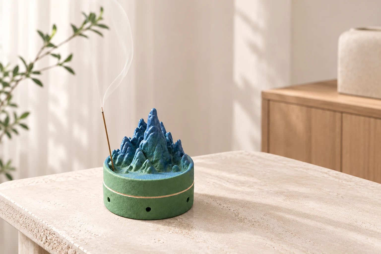 Coreless incense stick burning upright in a ceramic holder with space to catch falling ash.