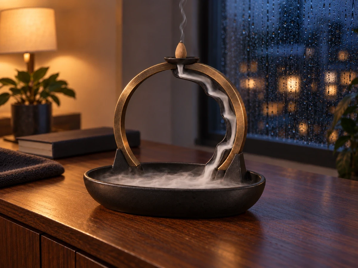 Island Oud agarwood backflow incense cone sending smoke down a compatible circular burner