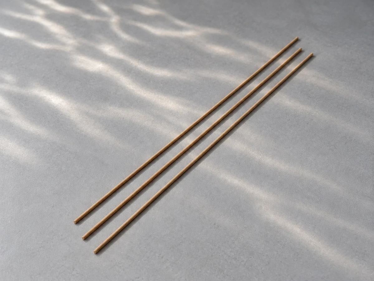 Three unlit Nha Trang agarwood incense sticks on a light gray textured surface