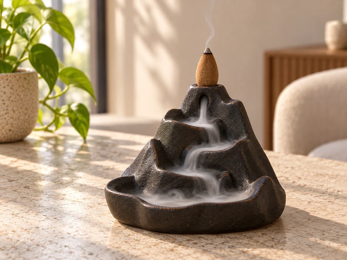 Sandalwood backflow cone sending smoke down a dark mountain-style incense burner