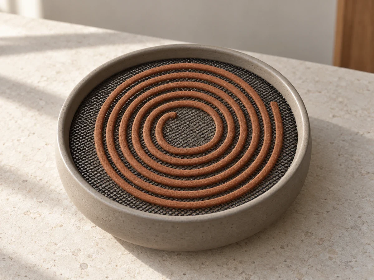 Sandalwood incense coil fully supported on mesh inside a ceramic burner