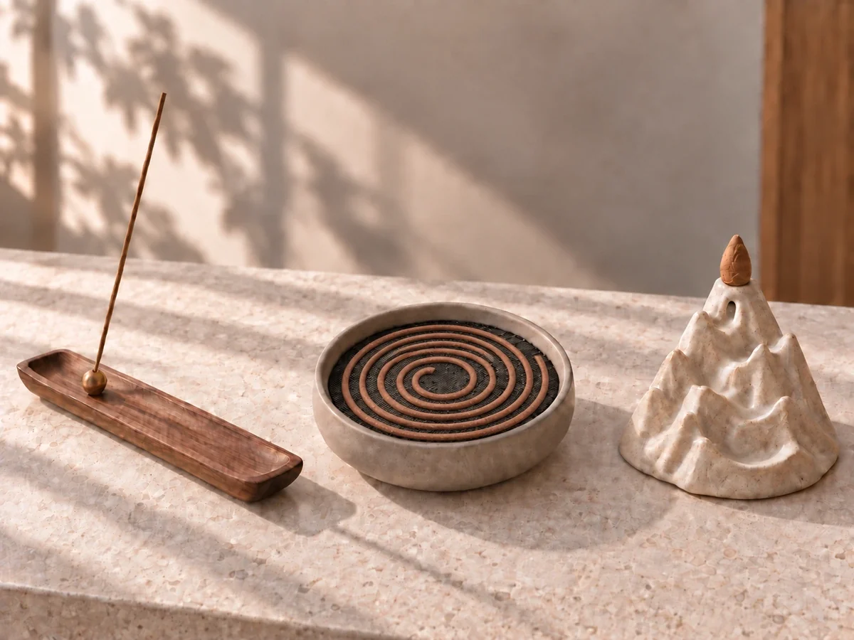 Sandalwood stick, coil, and backflow cone shown with their compatible incense holders