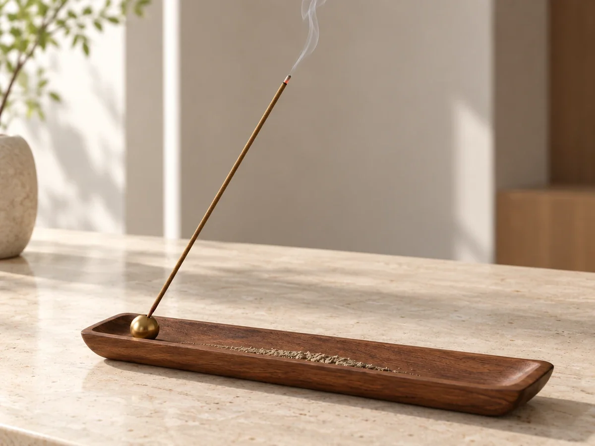 Burning sandalwood incense stick secured over a full-length wooden ash-catching tray
