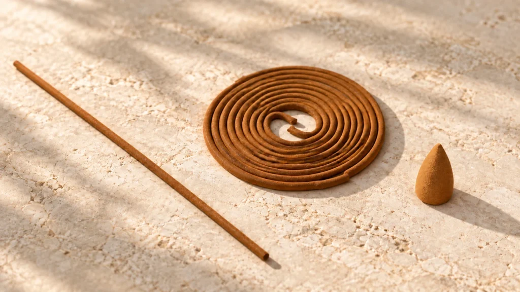 MORI TASTE stick, nested coil, and backflow cone incense on a warm stone surface.