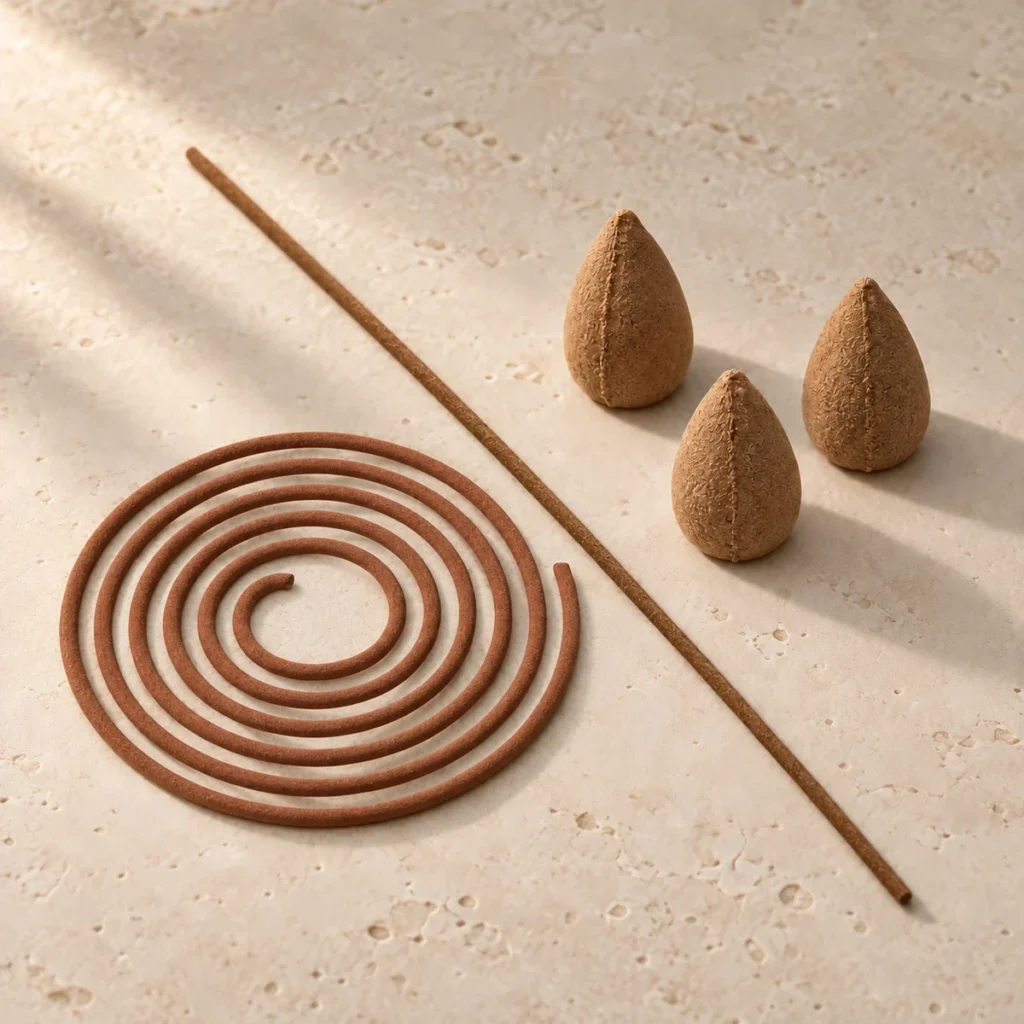 Sandalwood incense stick, spiral coil, and three backflow cones arranged on a stone surface